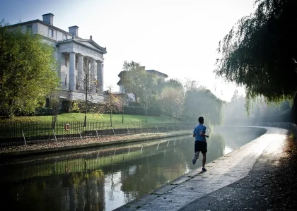 Silhouetten van hardlopers in een park bij zonsopgang, groep in beweging